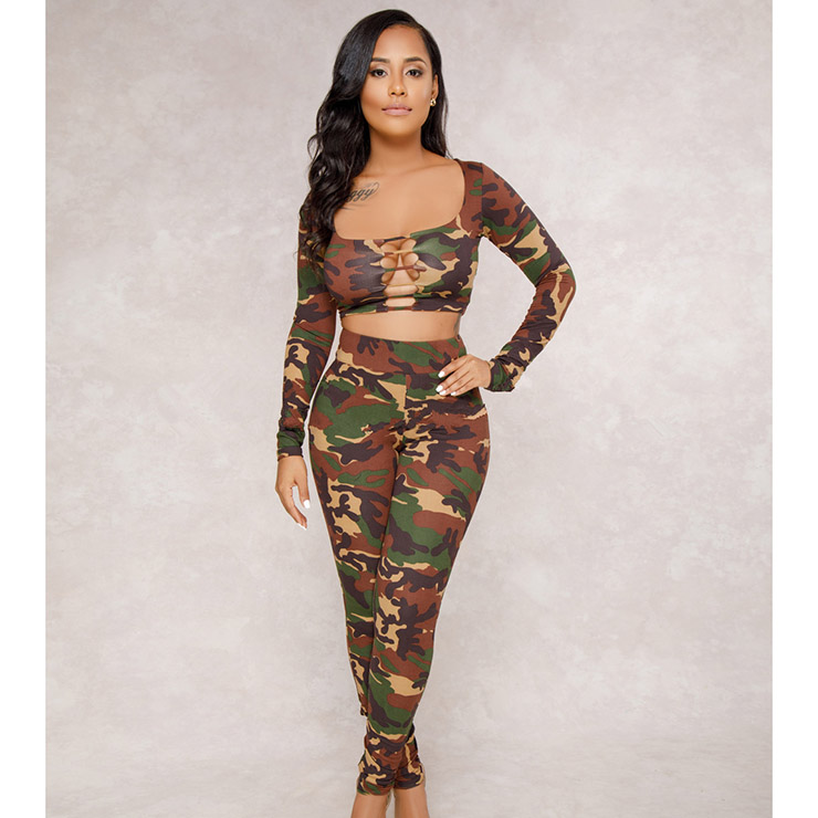 Women's Sexy Camouflage Casual Suit Long Sleeve Crop Top Tight Pants ...