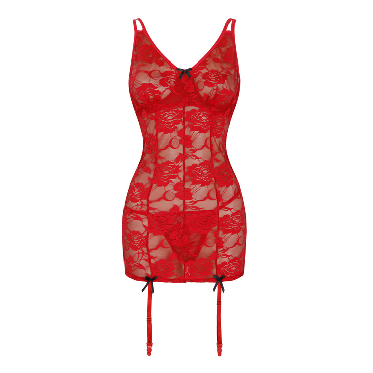 Sexy Red See-through Floral Lace Spaghetti Straps Chemise Lingerie Set ...