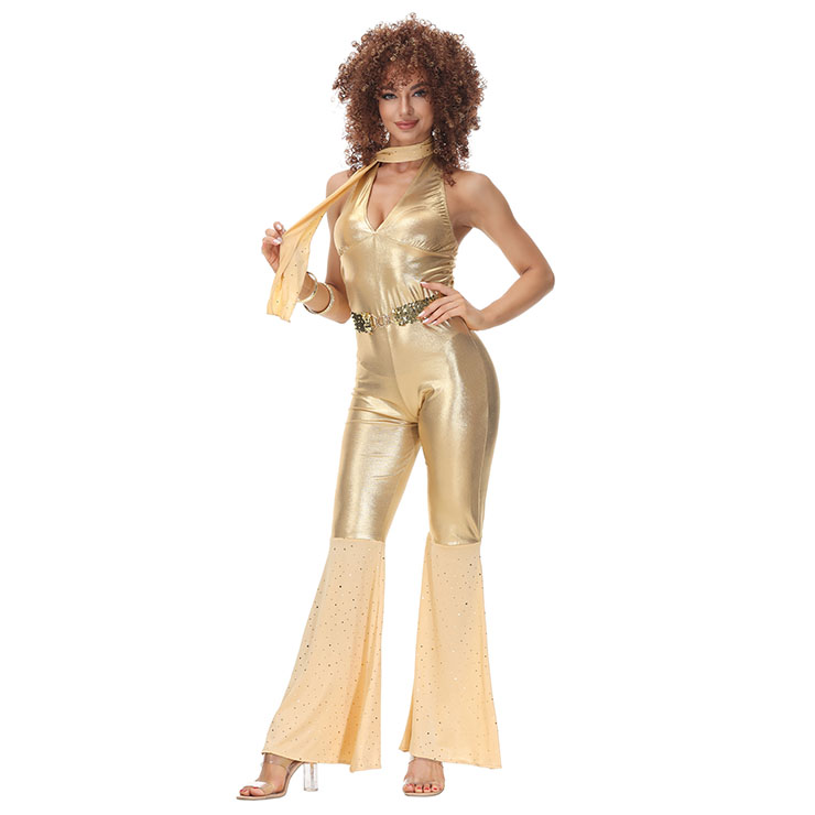 3pcs Disco Shining Dancing Queen Halter Bell-bottoms Jumpsuit Stretchy ...