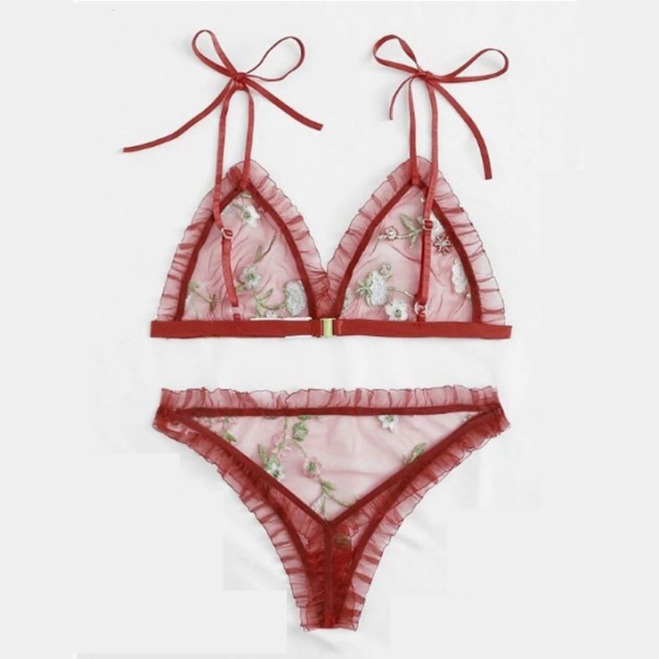 Sexy Red See Through Mesh Floral Embroidery Low Cut Triangle Bra And Panty Lingerie Set N20754