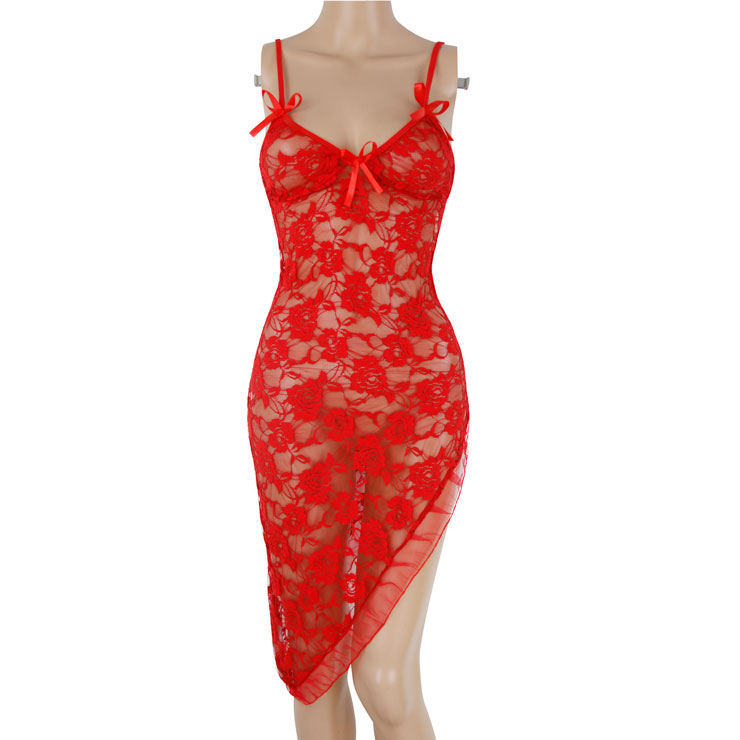 Sexy Red Sheer Floral Lace Irregular Gown With G String N16807