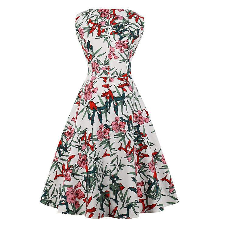 Vintage Sleeveless V Neck Leaves and Flowers Printed Swing Party Dress ...