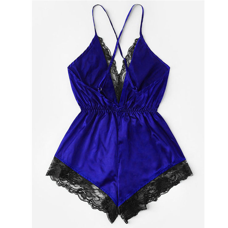 Sexy Royal-blue Satin Lace Trim Spaghetti Strap Backless Bodysuit Teddy ...