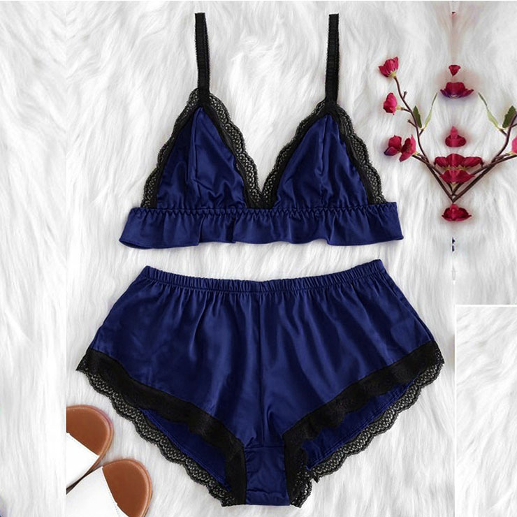 Sexy Blue Satin Spaghetti Strap Lace Trim Bra Top and Panty Lingerie ...