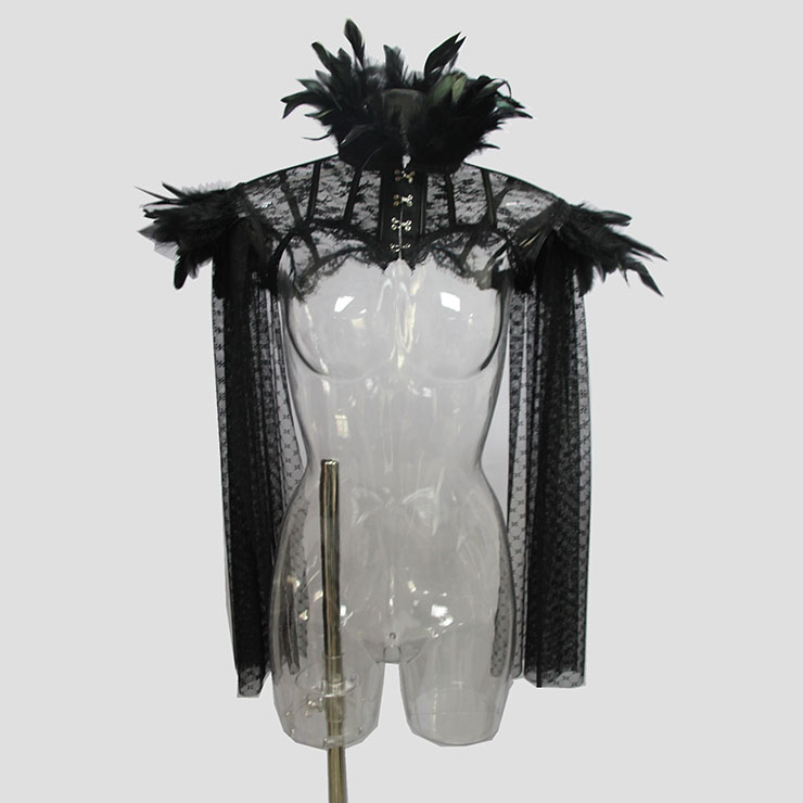 Victorian Gothic Black Feather High Neck Sheer Long Mesh Cape Corset ...