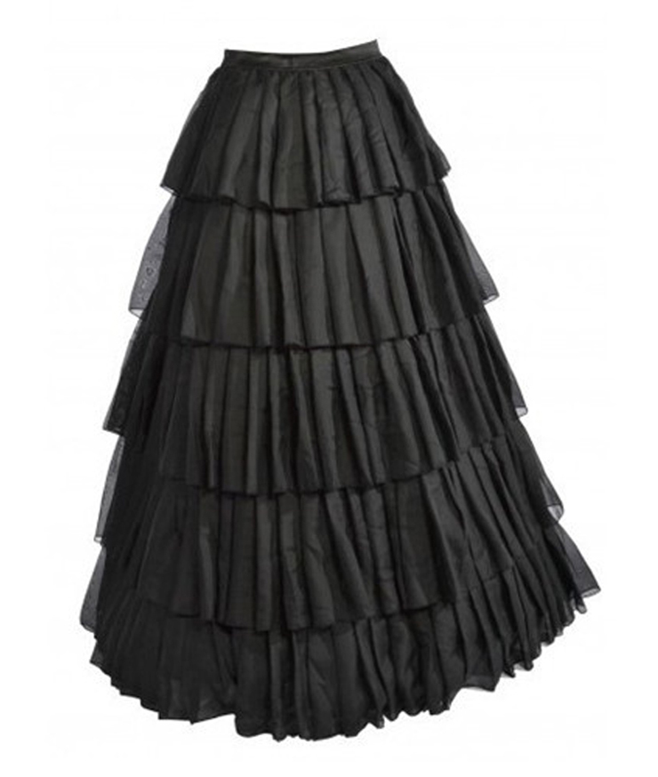 Vintage Black Satin Multi-layer Ruffles Floor-length Maxi Skirt HG10569