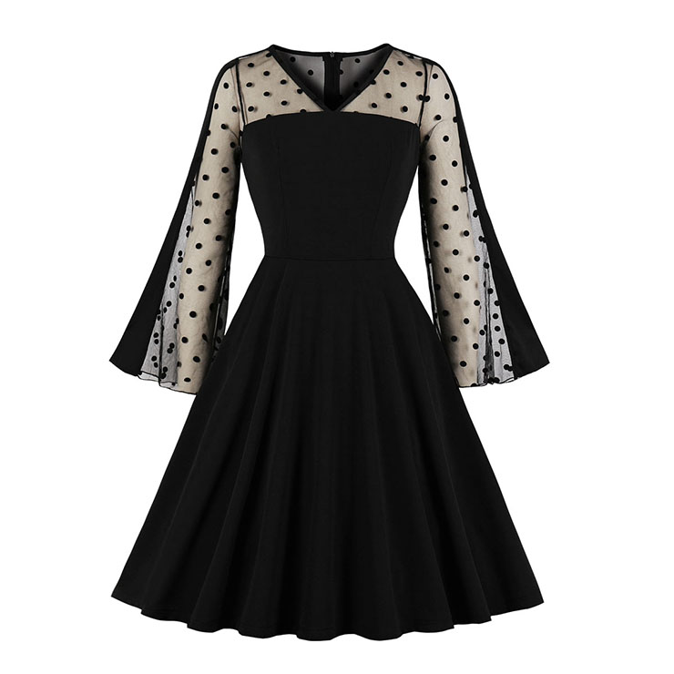 Sexy Sheer Mesh Flared Sleeve Spliced Black A-line Party Dress N19591
