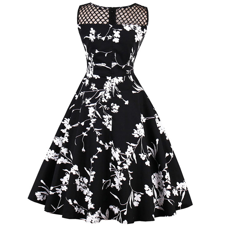 Retro 1950's Bateau Neck Floral Print Hollow Sleeveless Vintage Dress ...