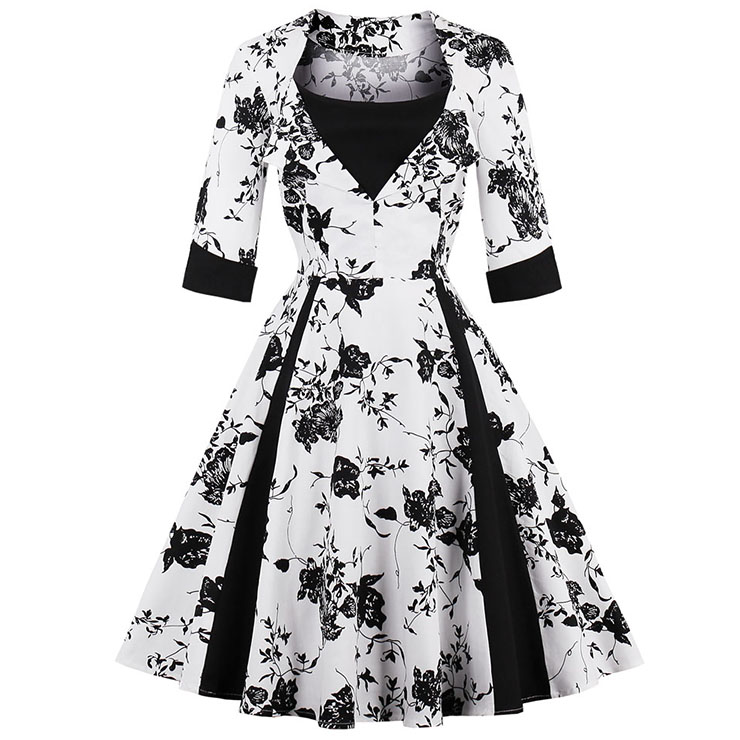 Women's Vintage White 3/4 Sleeves Floral Print Patchwork Swing Cocktail ...