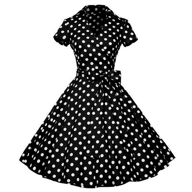 Vintage Polka Dots Print Lapel Short Sleeve High Waist Lace-up A-line ...