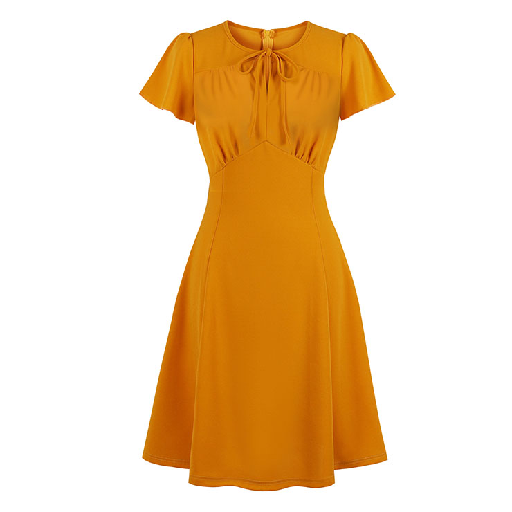 Retro Solid Color Round Neck Short Sleeve High Waist Midi Dress N19402