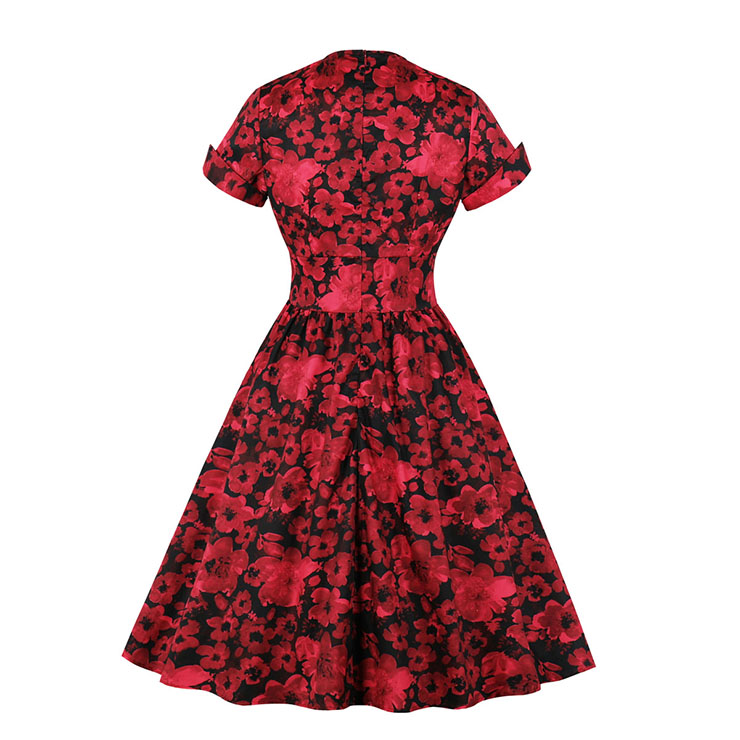 Vintage Red Floral Print Sweetheart Neckline Short Sleeve High Waist A ...