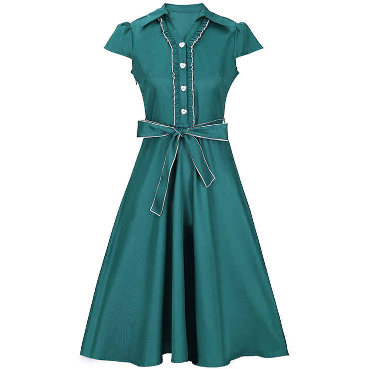 Women's Vintage V Neck Cap Sleeves Turndown Collar Green Shirt Dress N14053
