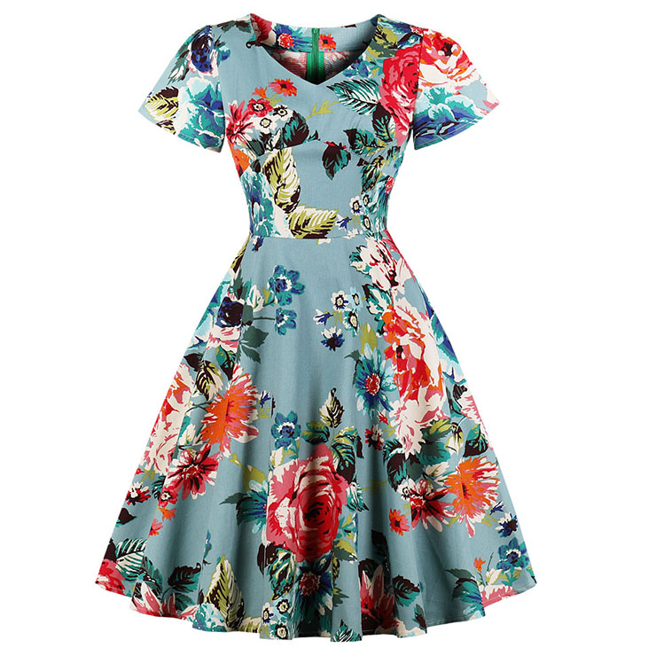 Fashion Vintage V Neck Short Sleeve Flower Printed Casual Swing Dress ...