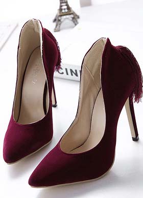 Elegant Wine-Red Suede Tassels Trim Pointed Toe Stiletto Shoes SWS20395