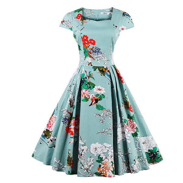 1950's Vintage Blue Floral Print Casual Swing Dress N11669