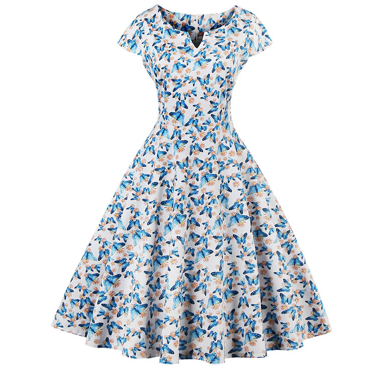 1950's Vintage Blue Butterfly Casual Swing Dress N11883