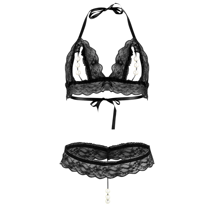 Flirty Black Floral Lace Halter Open Bras And Panty Lingerie Set Ms5004
