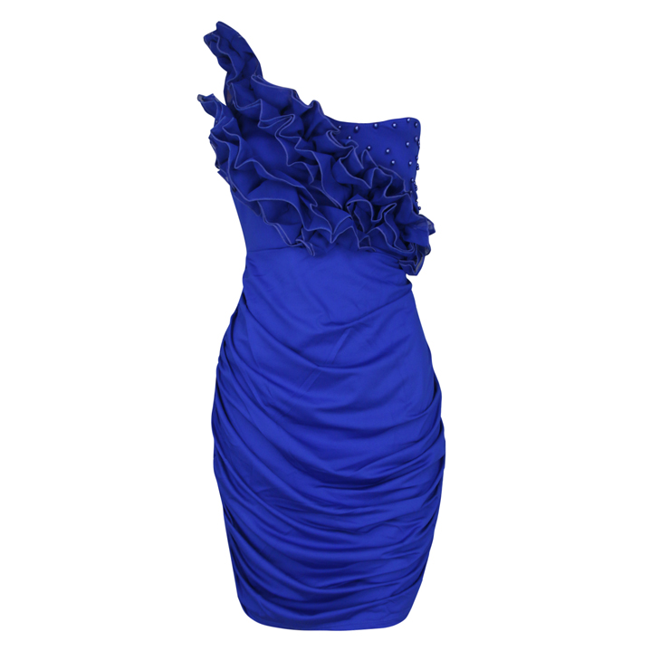 Women's Blue One-shoulder Beads Pleated Bodycon Celebrity Evening Party ...